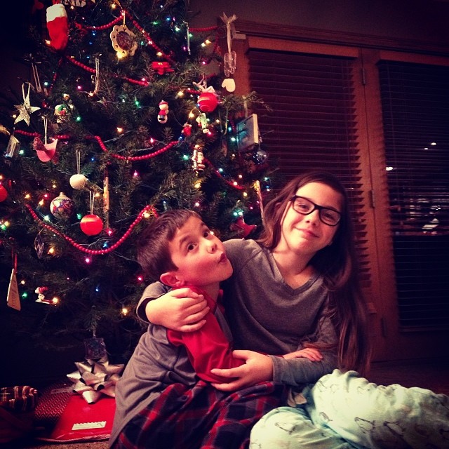 Obligatory photo of kids in new jammies on Christmas Eve, jacked up on sugar and anticipation.